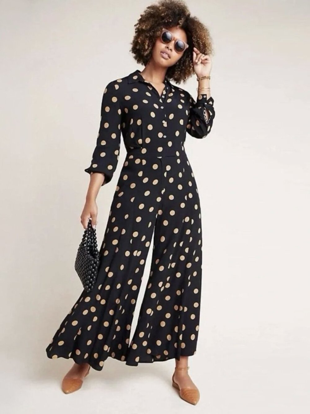 By Anthropologie Loveland Jumpsuit Long Sleeve Wide Leg Black Polka Dot size 4